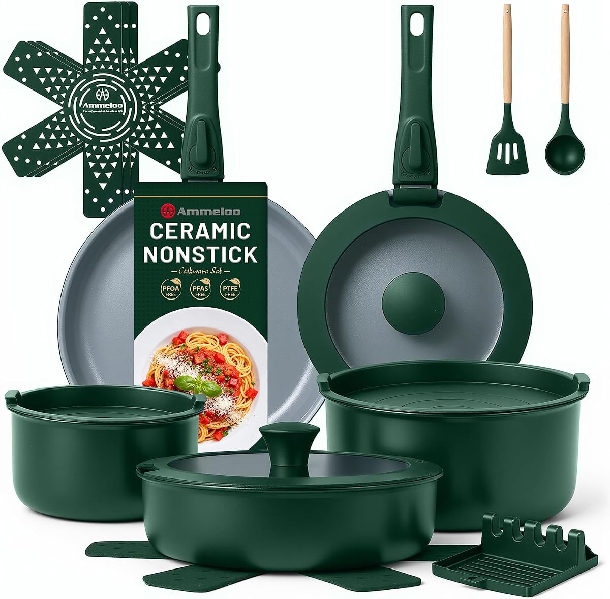Juego de ollas y sartenes de cerámica de 18 piezas, juego de utensilios de cocina antiadherentes, no tóxicos con asas extraíbles, juegos de ollas para cocinar, listos para inducción, aptos para lavavajillas y horno, sin PFAS, PFOA ni PTFE (verde cazador)