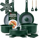 Ensemble de casseroles et poêles Ammeloo de 18 pièces en céramique antiadhésive, ensemble de cuisine non toxique avec poignées amovibles, ensembles de casseroles pour la cuisson, prêt pour induction, lavable au lave-vaisselle et au four, sans PFAS, PFOA et PTFE (bleu marine)
