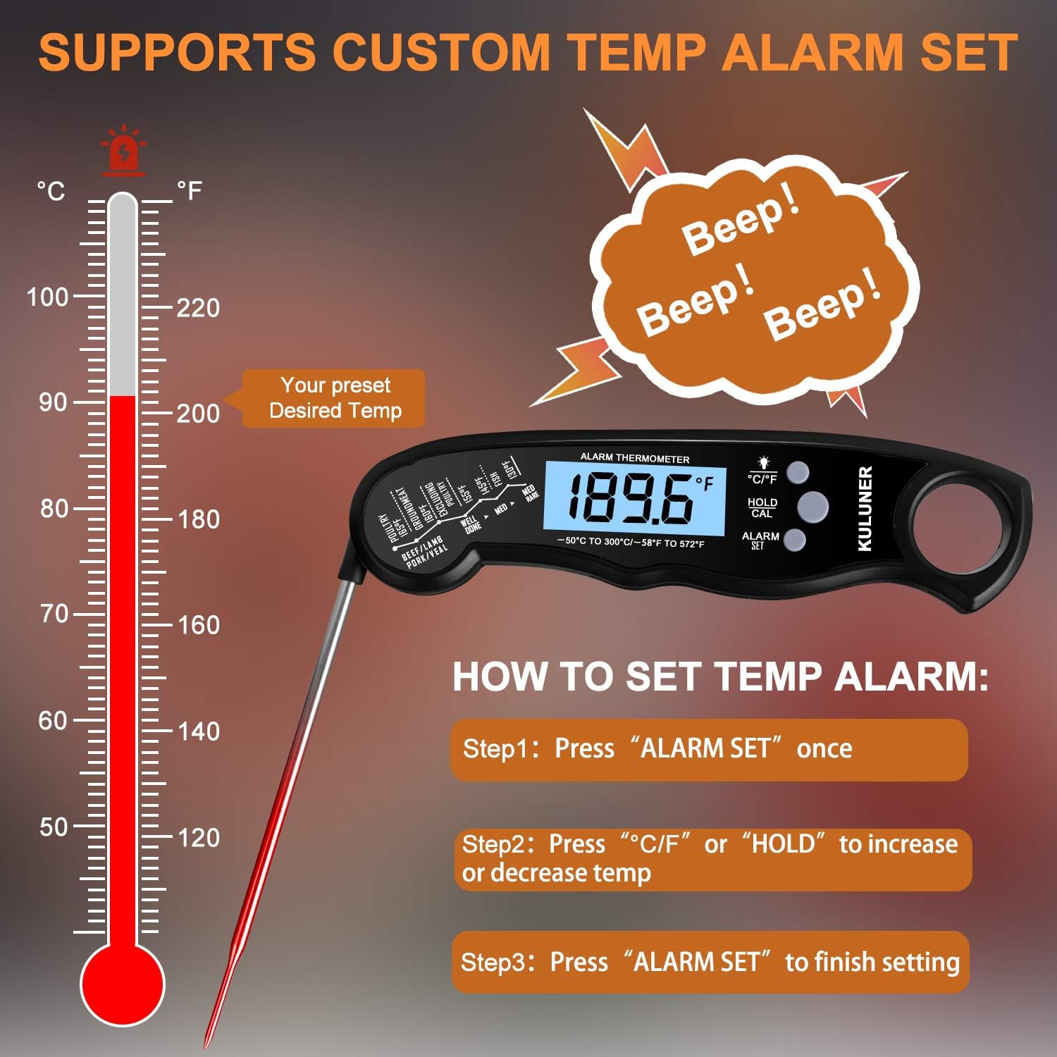 [KULUNER Upgrade] TP-05 2 in 1 Cooking Digital Meat Thermometer, Instant Reading Food Thermometer with Backlight Alarm Function Best for Outdoor BBQ, Steak and Roast Turkey (Black)