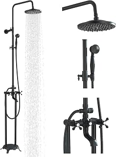 Yagatap Outdoor Shower Faucet Set 8 Inch Rainfall Showerhead Triple Function Black Wall Mount Stainless Steel Shower Faucet System Set with Hand Spray