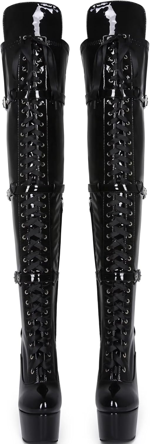 Frankie Hsu Sexy Stiletto Platform High Heel Over The Knee Long Boots, Black Patent Ribbon Belt Elastic Adjustable Calf Thigh Big Large Size US5-19 Shoes For Women Men