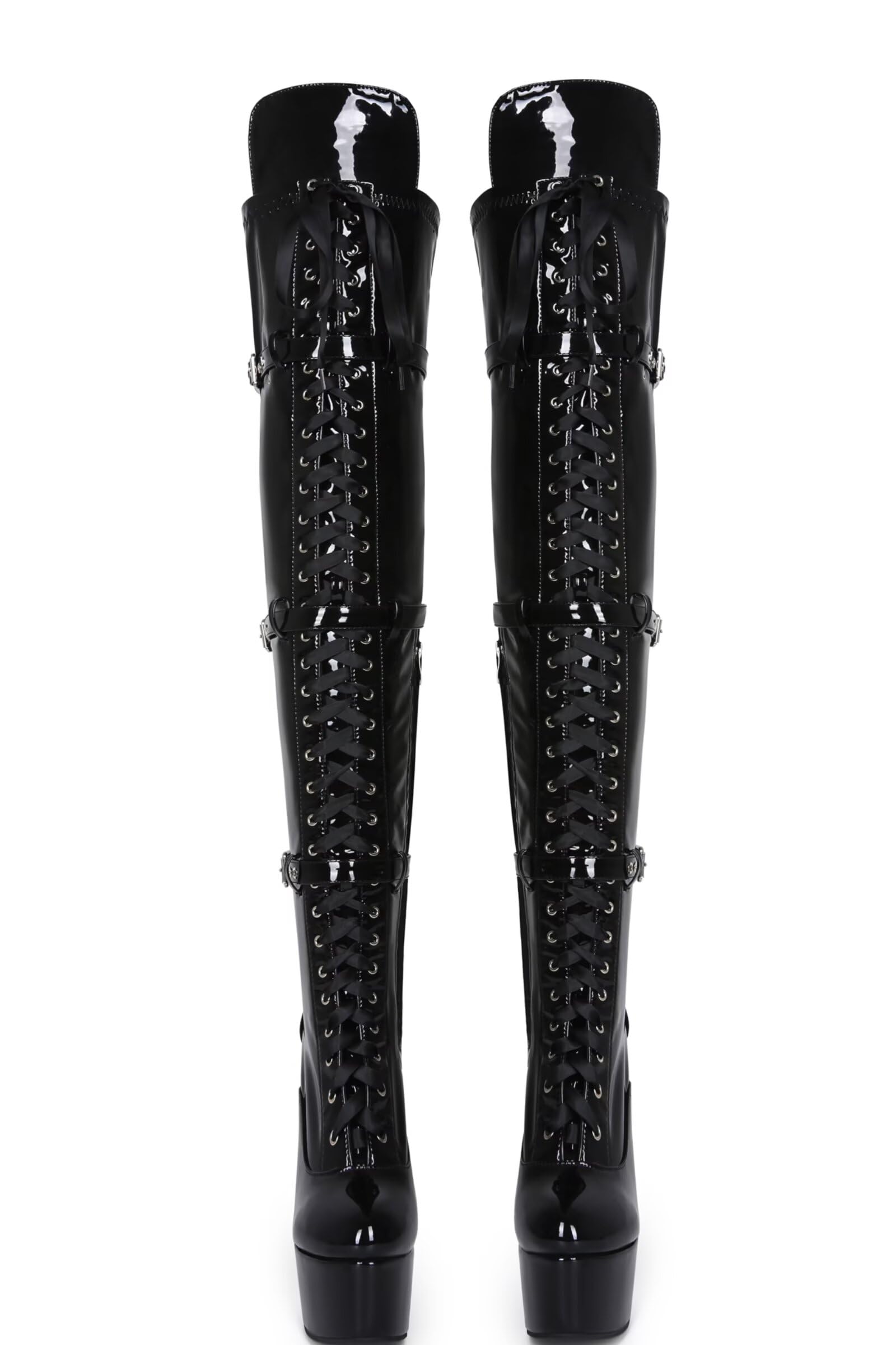 Frankie Hsu Botas largas de tacón alto con plataforma de aguja sexy por encima de la rodilla, cinturón de cinta de charol negro, elástico ajustable, muslo, talla grande, talla grande US5-19, zapatos