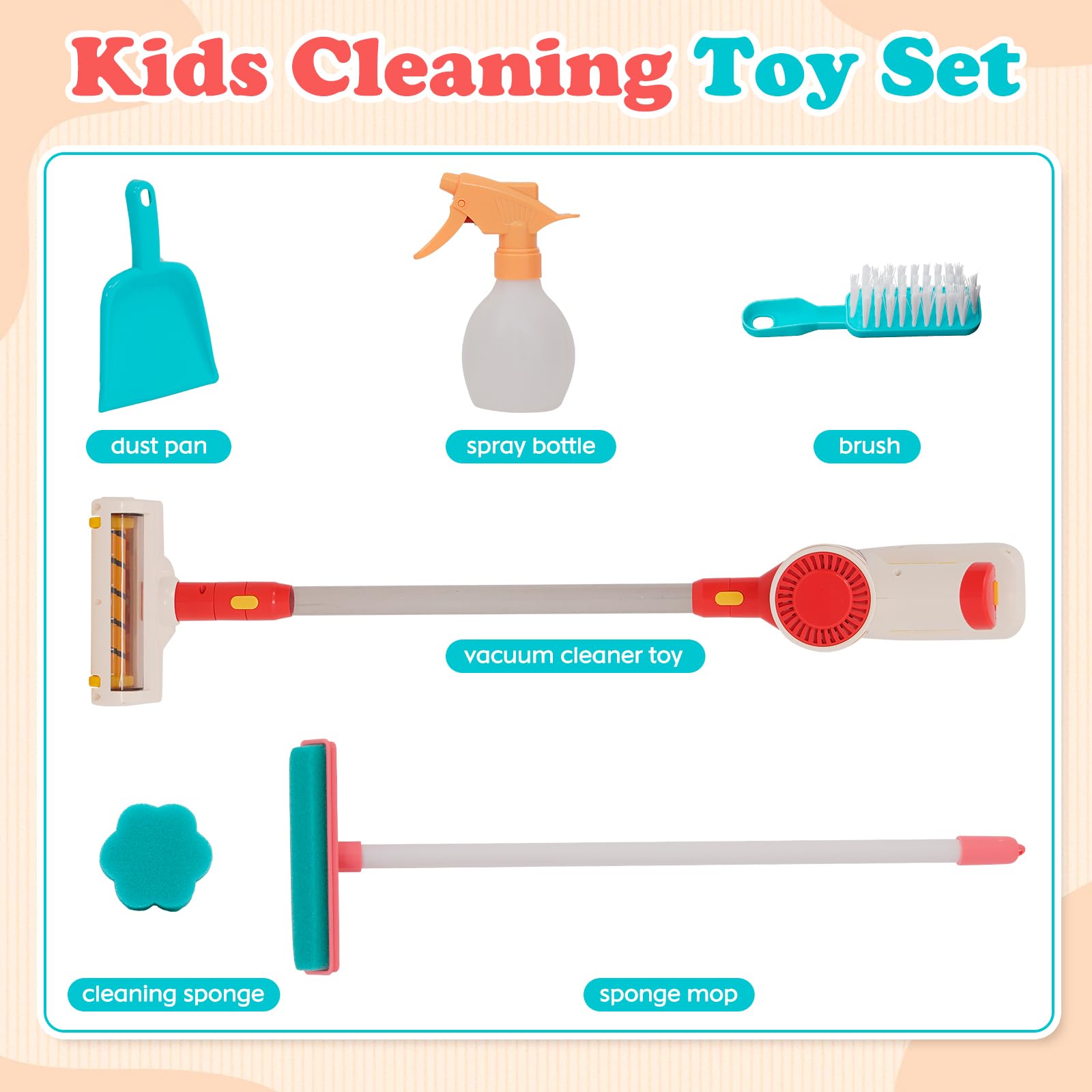 Juguete Aspiradora Infantil, Juego de Juguete de Limpieza Infantil 3 en 1 con Succión Realista y Sonido, Juego de Juguete para Jugar a Limpiar la Casa, Herramientas de Limpieza con Esponja para Niños