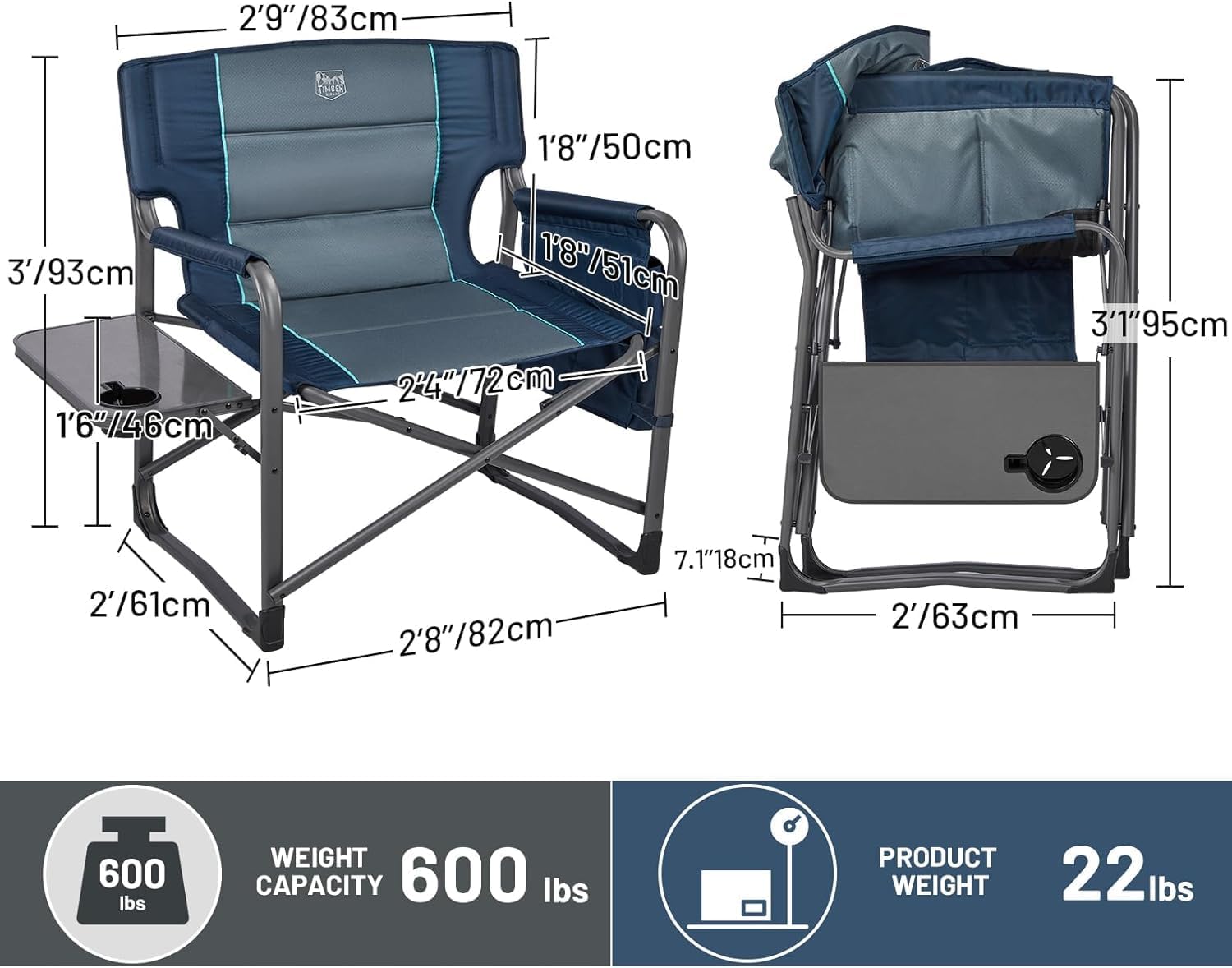Timber Ridge XXL Directors Chair, 600lbs Capacity Heavy Duty Folding Camping Chair with Side Table & Insulated Pocket, Oversized Portable Chair with Carry Strap - Image 2
