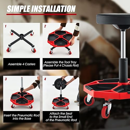 Miniatura 17 de Goplus Taburete mecánico, silla de garaje con ruedas de altura ajustable de 16 a 22 pulgadas, bandeja magnética extraíble para herramientas, cojín