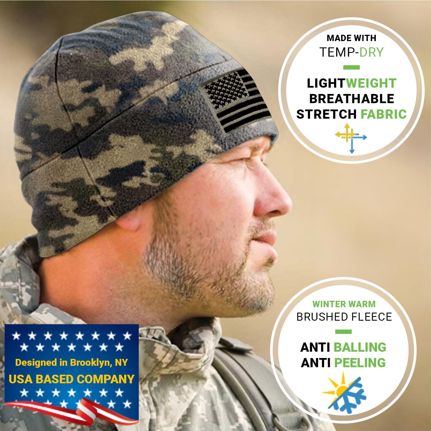 Temple Tape Tactical Beanie Hat - American Flag Fleece Winter Watch Cap - Military Hats for Men - Mens Army Beanies - Image 3