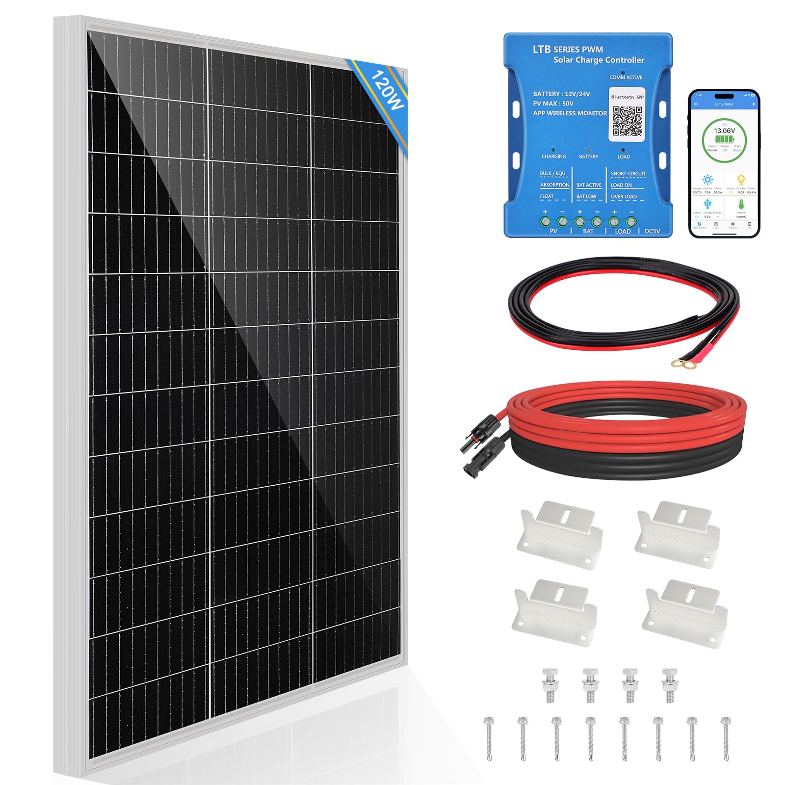 120W Monokristallines Solarpanel-Kit 12V Solarpanel 120 Watt Solarmodul enthält 20A Bluetooth Solarladeregler + 5m Solarkabel + Z-Brackets für Wohnmobil, Boot, Wohnwagen, Haushalt