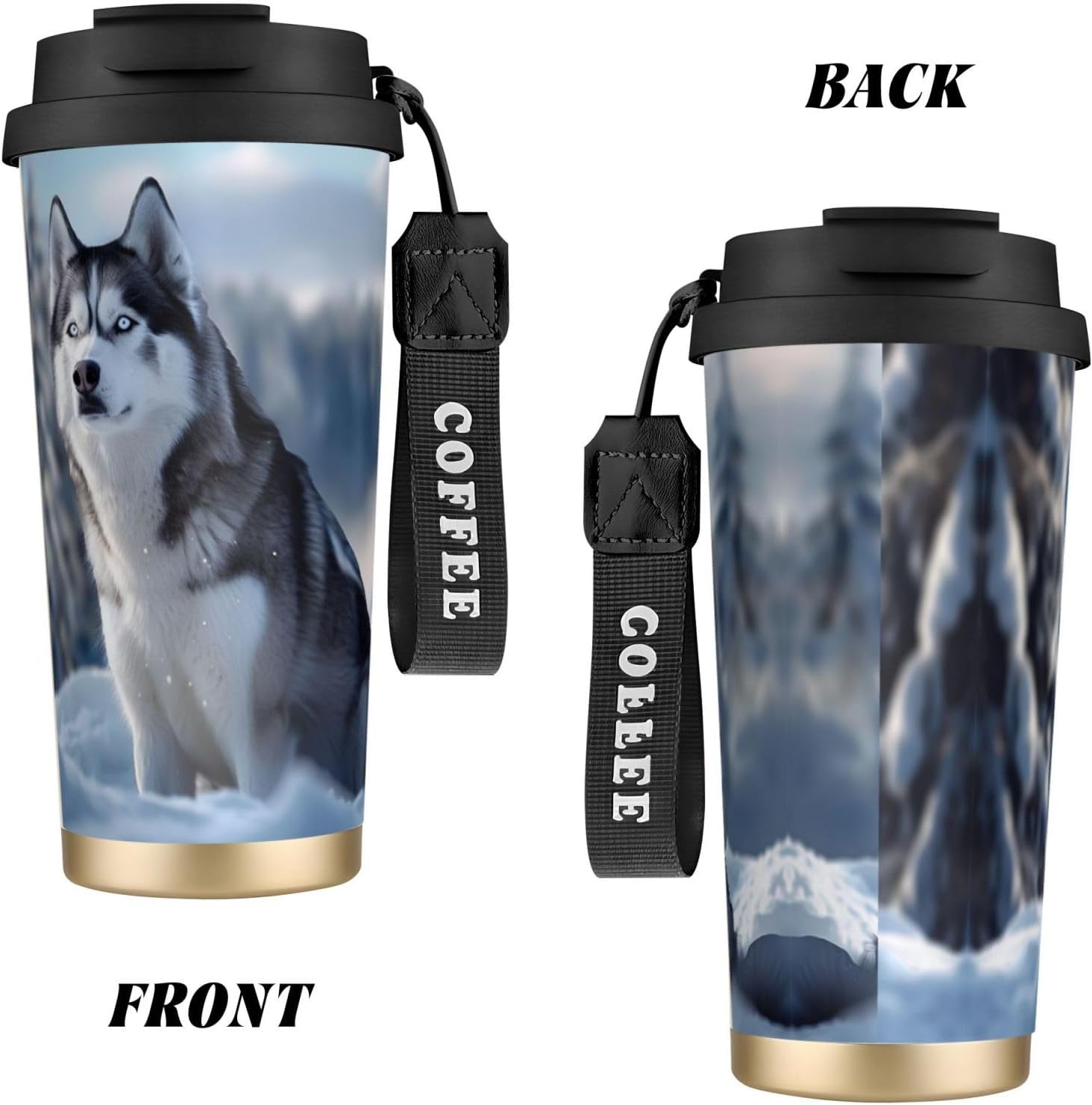 Unique Customized Coffee Mug - Insulated Stainless Steel Tumbler for Travel, Home & Office - 17 oz Vibrant Husky Dog Black