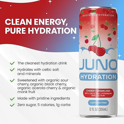 Miniatura 3 de JUNO HYDRATION - Bebida espumosa de cereza orgánica, electrolitos sin azúcar, fruta orgánica del monje, jugo de cereza agria, extracto de cereza