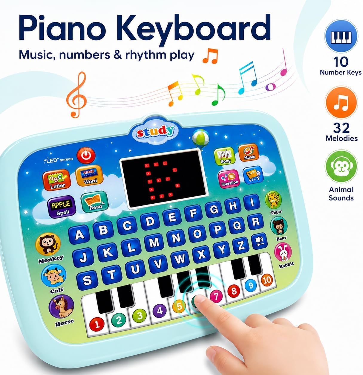Toddler Learning Tablet for 1 2 3 Year Old, ABC Spelling & Speech Learning Toy with Piano Keys, Music Educational Toy, Portable Travel Gift for Boys Girls, Blue