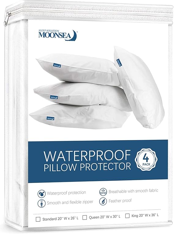 Waterproof King Pillow Protectors Zippered 4 Pack, 20x36 inch King Pillow Protector