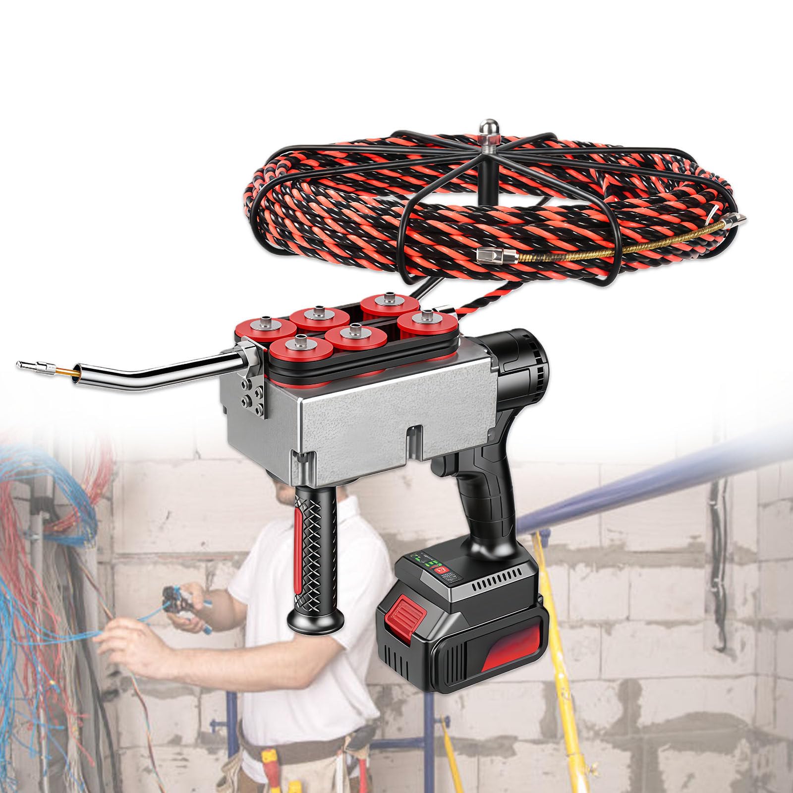 Sonda Passacavi Elettrica Professionale 40m/Min - Infilatubi Elettrico con Batteria Ricaricabile 1.5-2h - per Cavi in Tubi Edilizia/Reti - Macchina per Cablaggio Tubazioni 30m