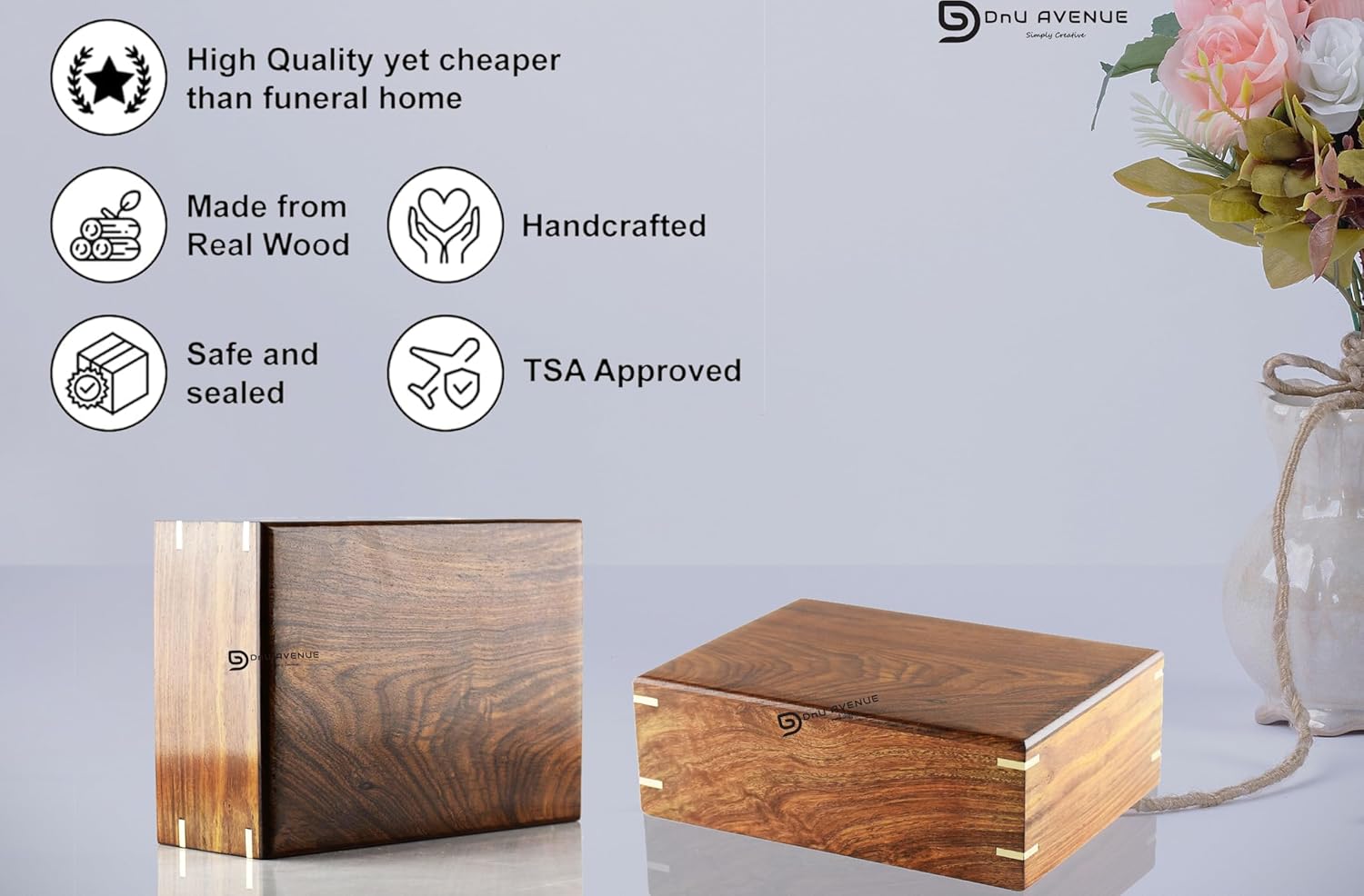 Wooden Urn for Human & Pet Ashes – Handmade Rosewood Cremation Urn for Dogs, Cats & Adults – Memorial Keepsake Box, Decorative Funeral Urn – Medium 8 x 6 x 3.5 Inches, 86 Cu/in