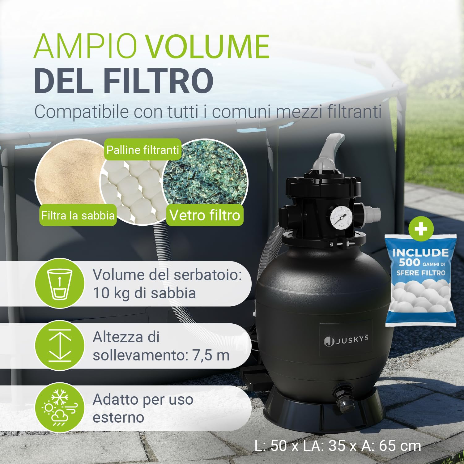 Juskys® Filtro a Sabbia 250 W - impianto Piscina ad Alte Prestazioni per 38.000 Litri, Sistema 7 Posizioni Struttura Durevole