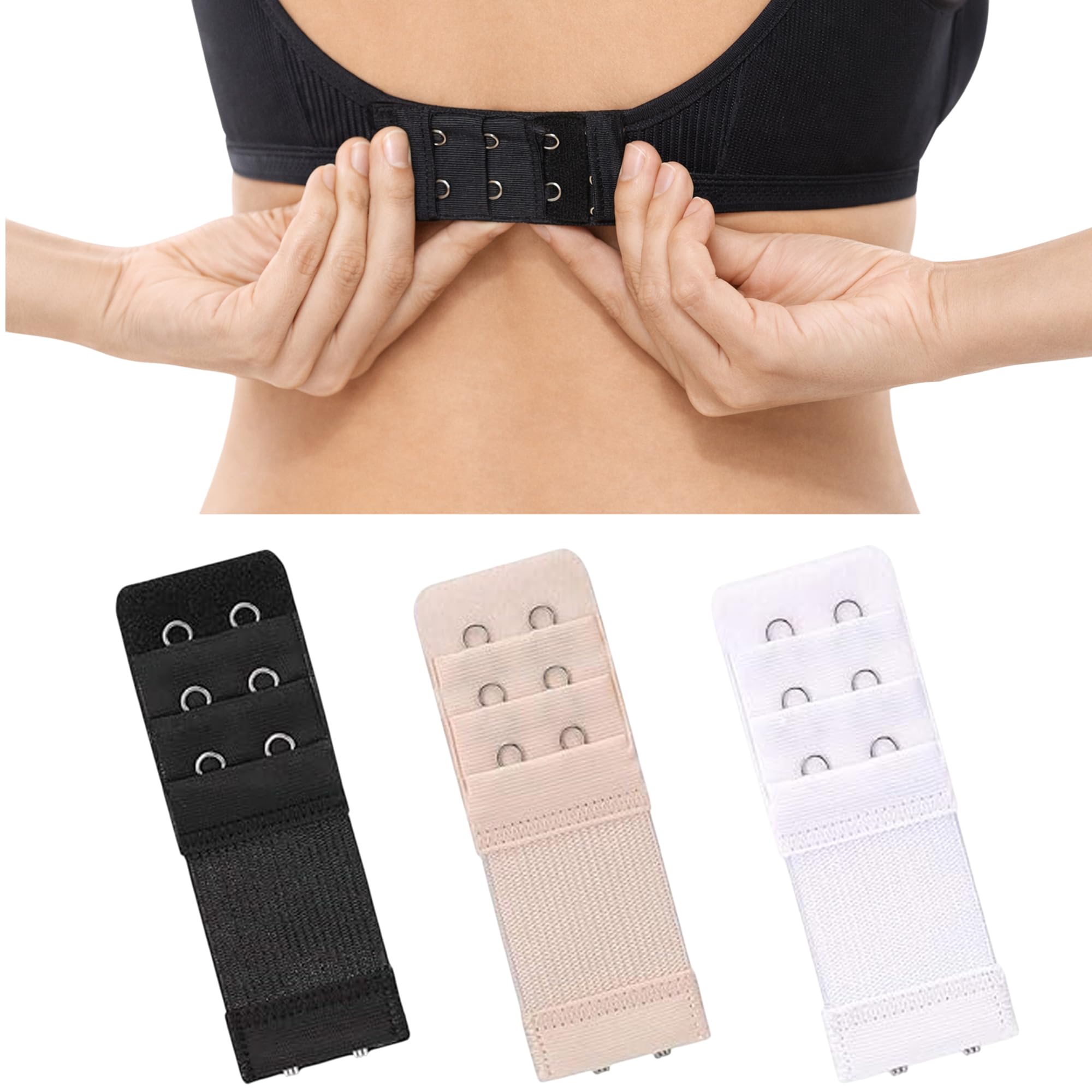 Women's Bra Extenders 2 Hook Comfortable Stretchy Bra Extension Strap maternity pack of 3 (Black, White, Nude)-image-32