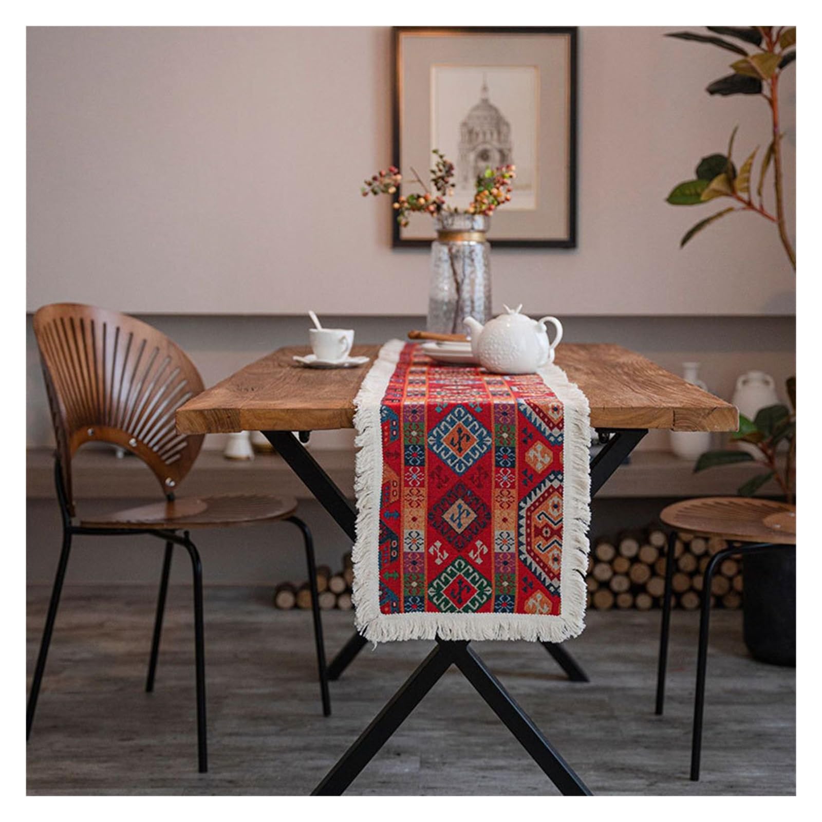 Tischläufer Vintage Vintage Jacquard Baumwolle und Leinen Quaste Tischläufer Weihnachten Party Hochzeit Küchentisch Home Couchtisch Dekor(4PC-Diameter 38cm)