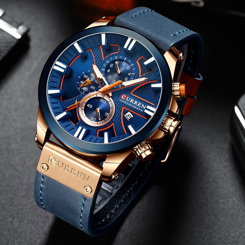 CURREN Mens Watches Chronograph Big Dial Male Watch Wrist Leather Waterproof Sport Army Military (rose gold blue)