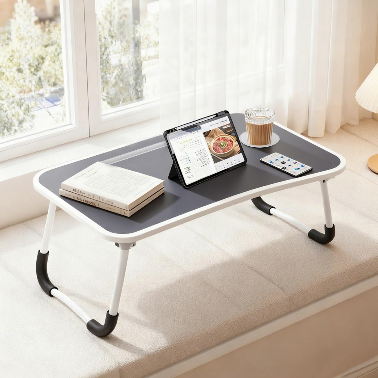 GREENSAPPIRE Laptop Bed Table with Foldable Legs - Height Adjustable Bed Tray with Cup Holder & Phone Slot, Portable Notebook Stand for Sofa Bed Floor Use (Black Brushed)