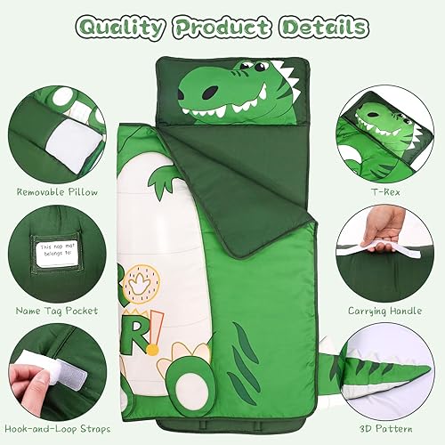 Miniatura 4 de Tapete para siesta de dinosaurio con almohada extraíble y manta, saco de dormir para niños con almohada con costuras reforzadas, lavable a máquina,