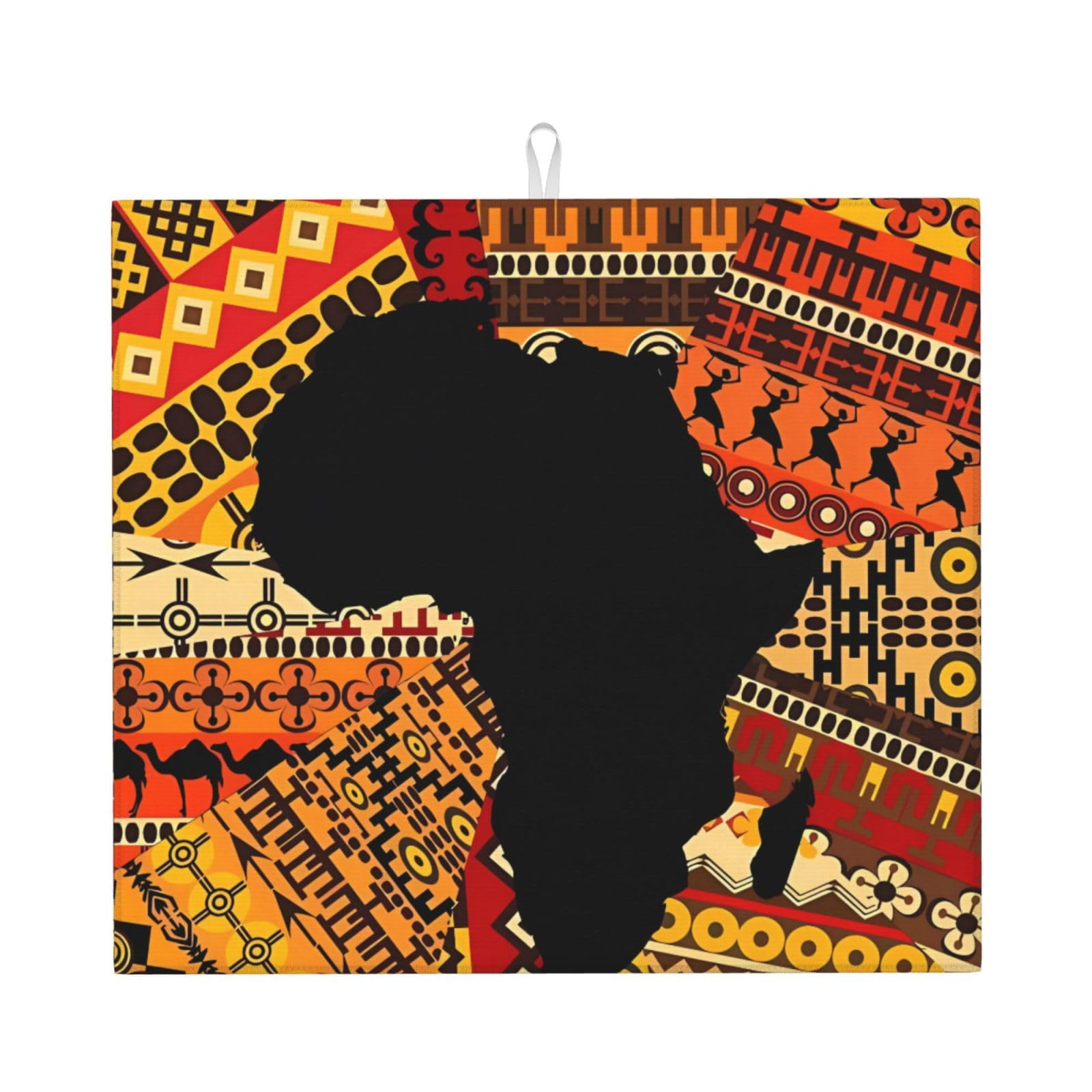 HJFCZH African Map Ethnic Pattern Prints Kitchen Drying Mat – Absorbent Microfiber Throw for Dishes, Non-Slip Counter Cover, Quick-Drying Layer with Fade-Resistant Print