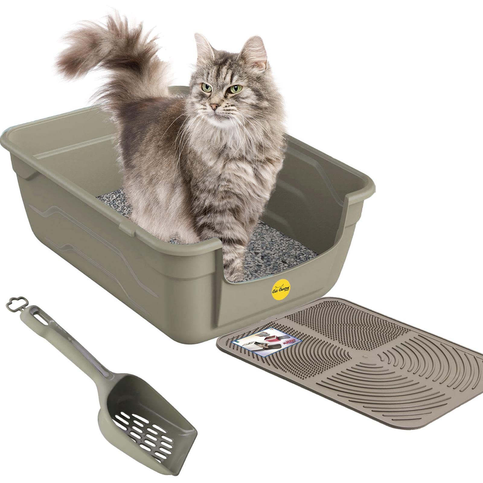 CAT CENTRE Grey Large Cat Litter Tray +Scoop +Tray Mat Deep Open Toilet Box Bundle Loo High Sided