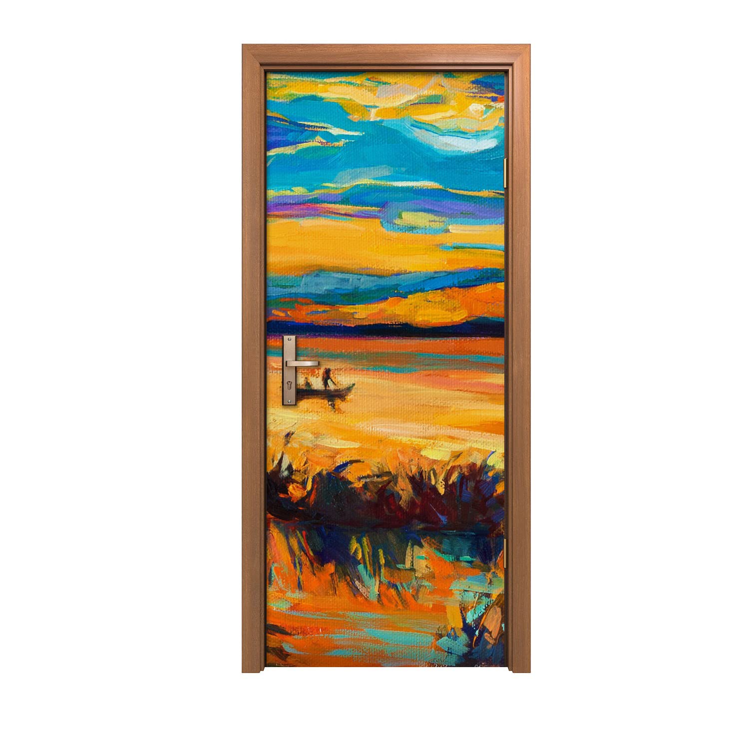 Coucher de soleil sur l'eau autocollant de porte pour une ambiance chaleureuse