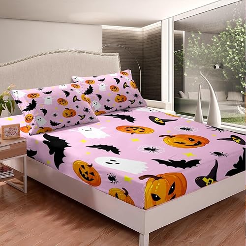 Miniatura 9 de Manfei Sábana bajera ajustable de Halloween, tamaño individual, fantasmas, calabaza, farol, murciélago, araña, juego de ropa de cama de 2 piezas