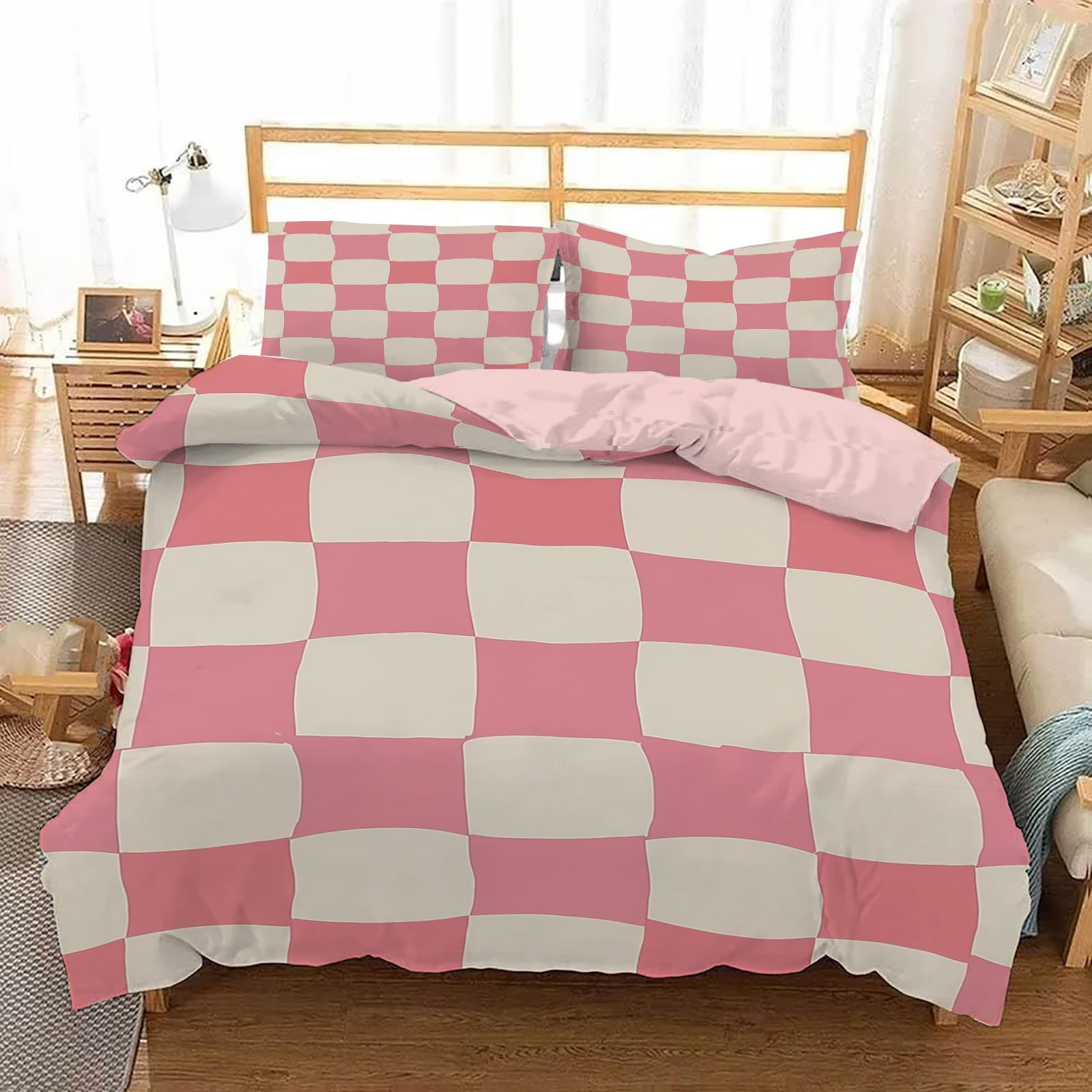 Parure de lit 260x240 rose plaid 3D avec housse de couette microfibre zippée pour fille