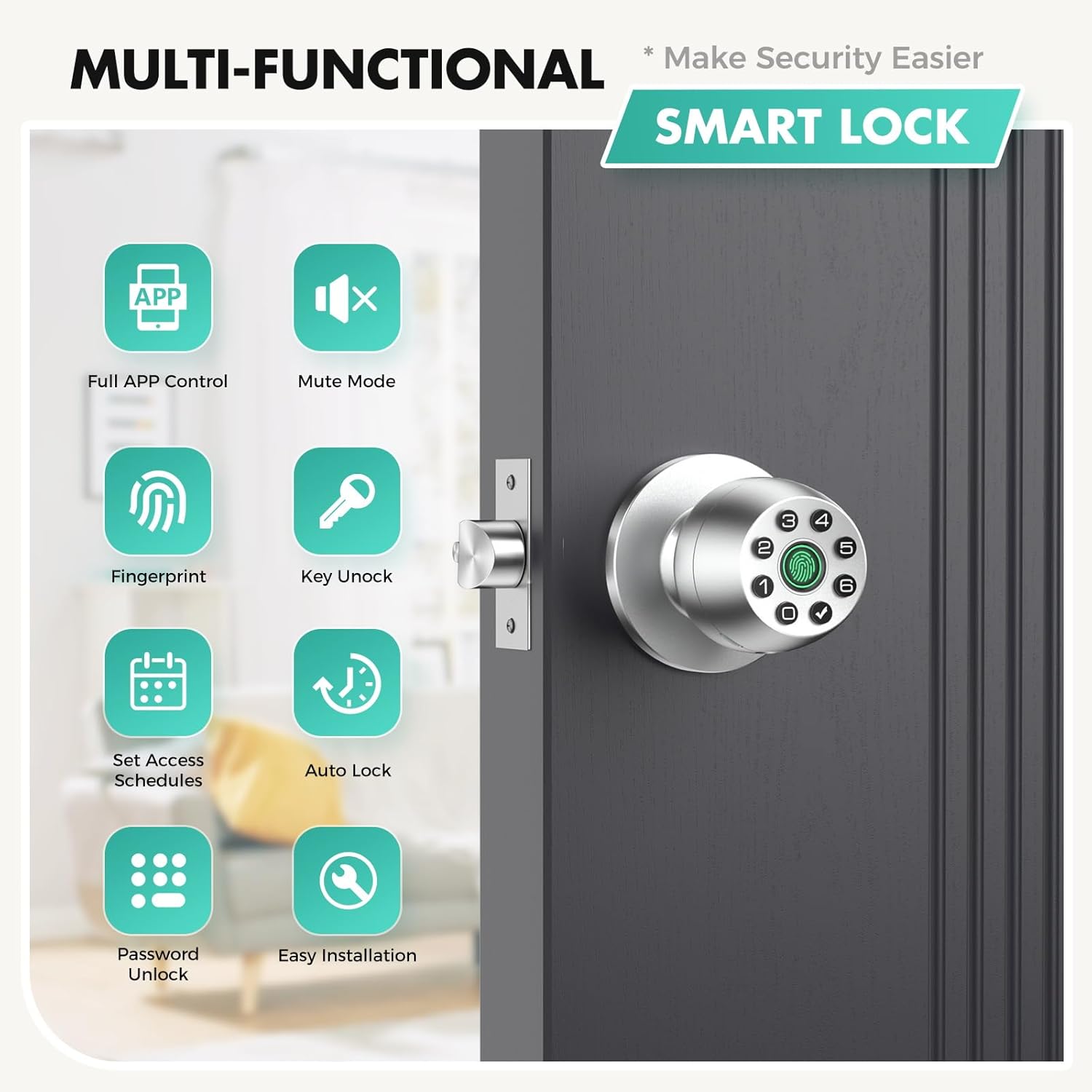 Fingerprint Door Lock, smart Door knob with Fingerprint and keypad Password, App-Controlled biometric Door Lock, keyless Entry, Suitable for bedrooms, Offices, Hotels, Apartments (Silver)