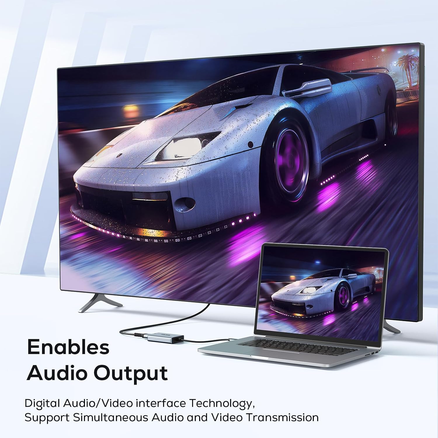A laptop connected to a large TV via the USB to HDMI adapter, with text indicating 'Enables Audio Output' and 'Support Simultaneous Audio and Video Transmission'.