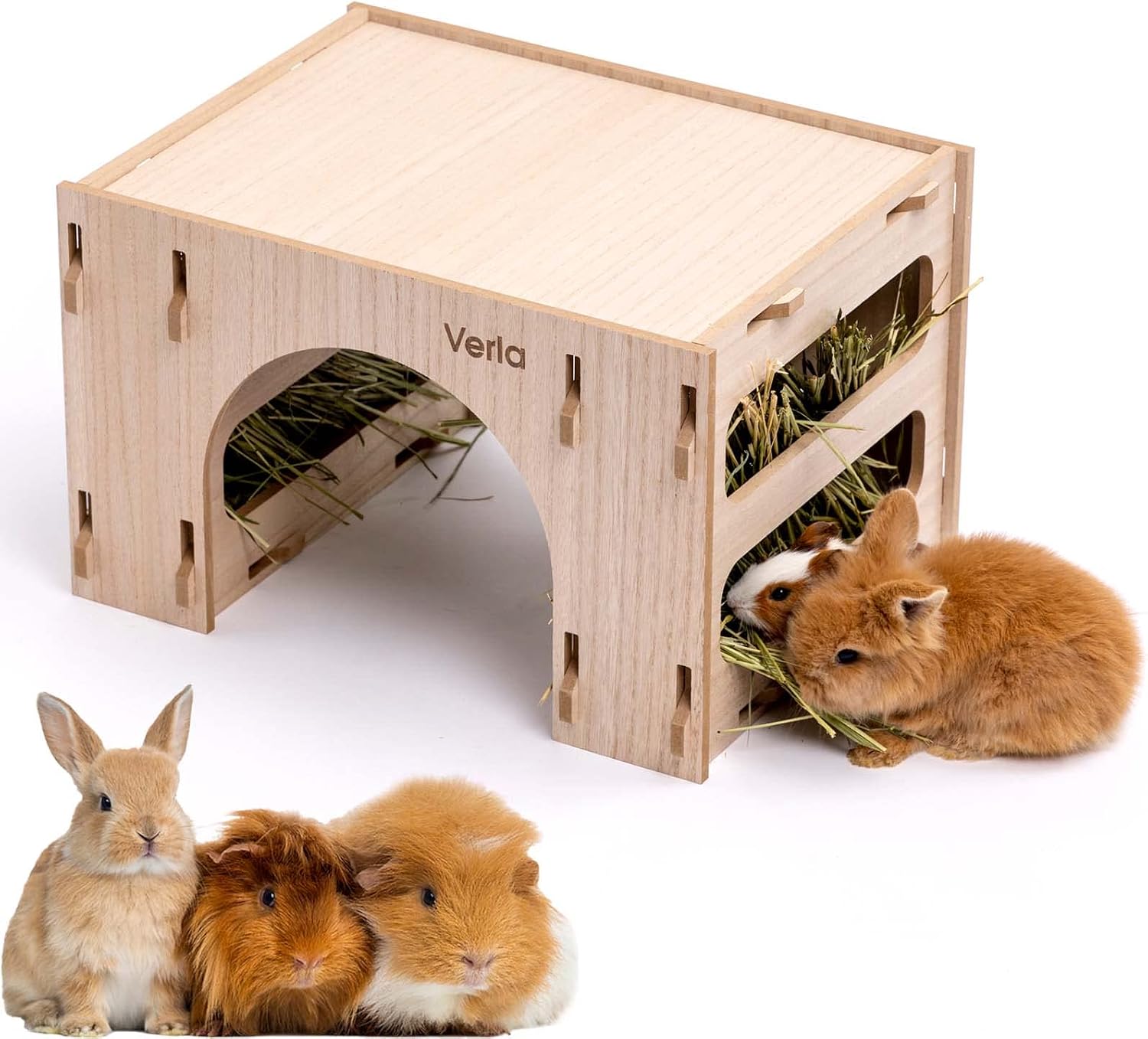 Clearance- Guinea Pigs Hay Feeder, 3-in-1 Double Hay Rack Wooden Hideout and Tunnel Combi for Bunny Rabbit Chinchila Guinea Pigs Family,…