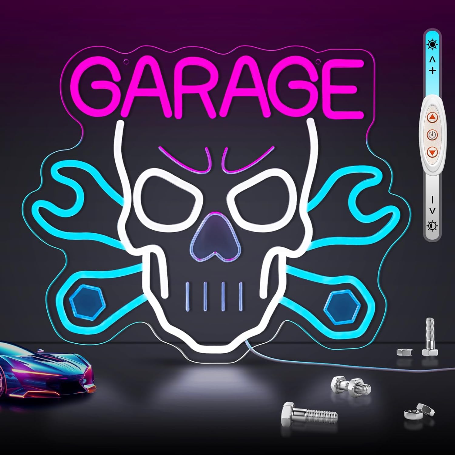 Garage Neon Sign for Wall Decor, Skull Car Service LED Light Neon Signs with USB Dimmable Powered for Auto Repair Shop, Workshop Gift for Father(White Skull)