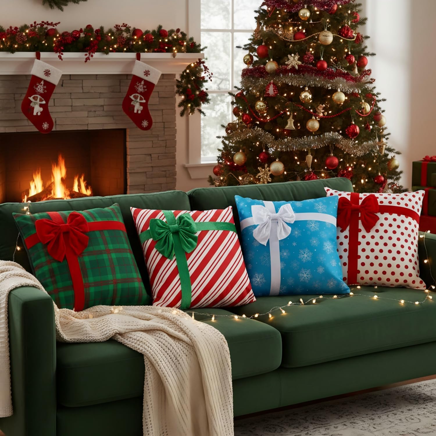 Breling 4 Set Christmas Pillow Covers 3D Bows Gift Box Pillow Cases 20 x 20 Inch Dot Stripe Plaid Snowflake Xmas Winter Cushion Cases for Christmas Home Chair Bed Sofa Cushion Decor