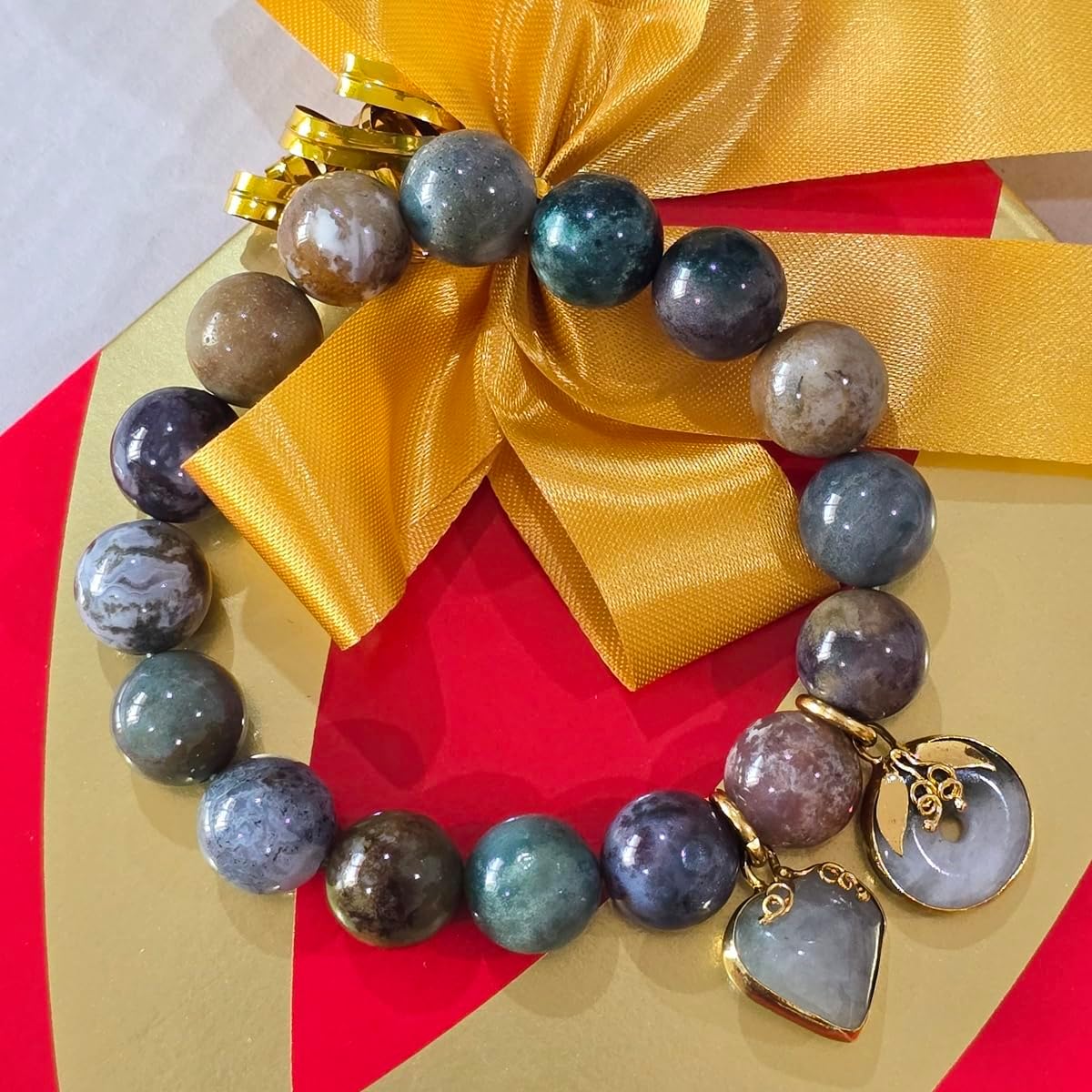 Five-Color Jade Beaded Bracelet 12.30mm Natural Jade Stretch Bracelet for Women – Feng Shui Wealth & Protection Crystal Bracelet with Gold Charm – Yoga Meditation Healing Jewelry Gift