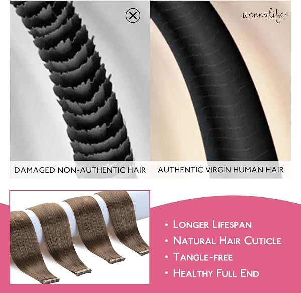 WENNALIFE Extensiones Adhesivas Pelo Natural, Marrón ceniza claro 45cm 25g 10 Piezas Extensiones de Remy Pelo Natural Cabello Humano Mechas Pelo Lacio Invisible para Niñas Mujeres Trenzas - 3