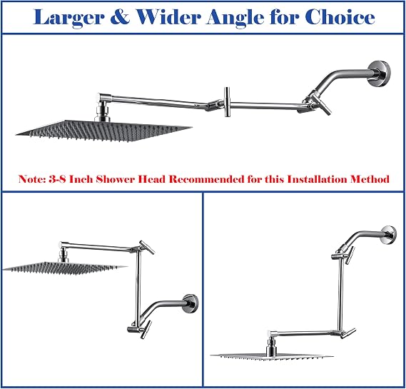 Chrome Shower Arm Extension - 13'' Adjustable Height & Range, Universal Connector, Locking Nuts