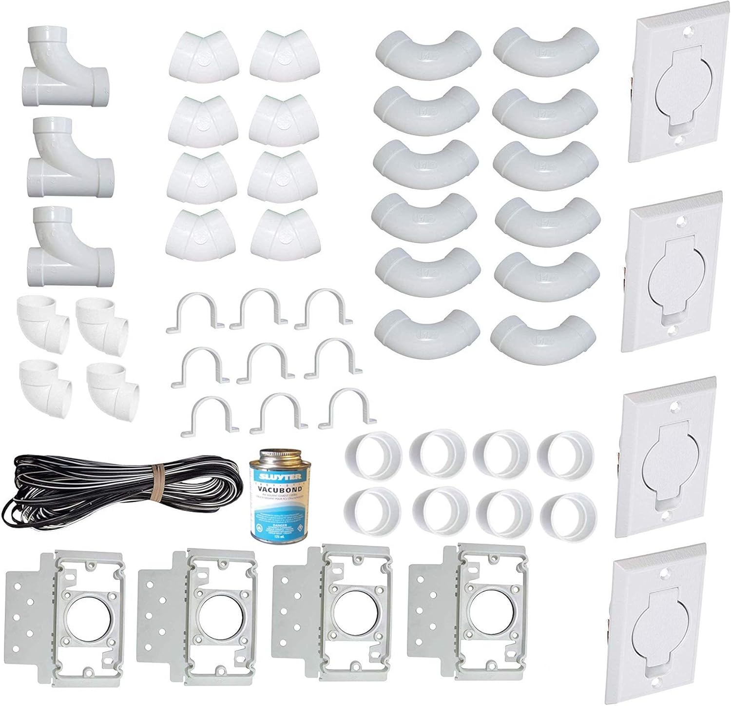 ZVac Universal Central Vacuum 4 Inlet Installation Kit Pre-Packaged with Wall Plates, Elbows, Brackets, Couplers, Sweep Ts, Pipe Straps Compatible with Central Vacuum Systems NuTone, Beam & More : Home & Kitchen