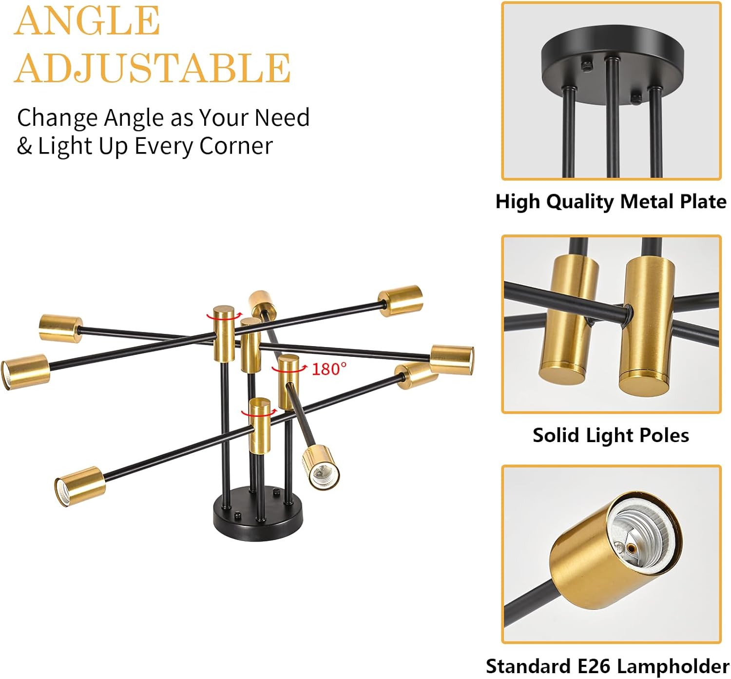 26.2" Modern Pendant Ceiling Light Fixture, 8-Light Sputnik Chandelier, Height Adjustable Mid-Century Style Dining Table Pendant Light, Suitable for Dining Rooms, Living Rooms, Kitchens, Island