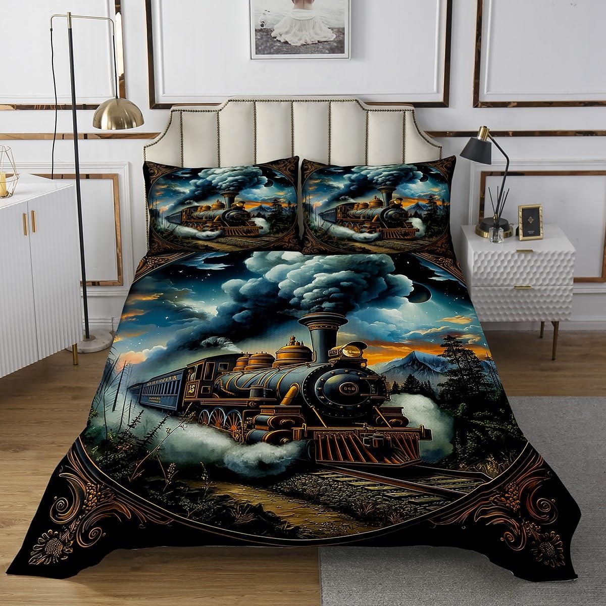 Retro Train Kids Bedspread Queen Size,Choochoo Steam Engine Train Coverlet Set,Boys Girls Room Decor,Natural Jungle Mountain Geometric Quilted Coverlet,Brown Black Bedding Quilt,2 Pillowcases