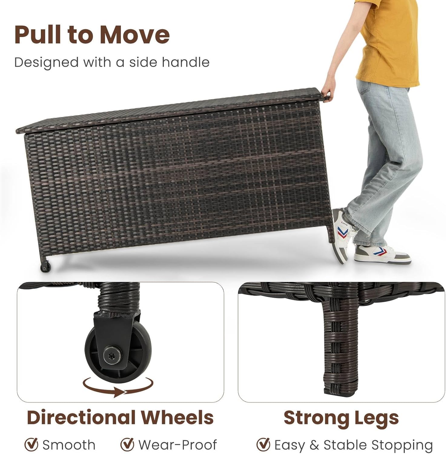 TANGZON 320L Garden Deck Box, Patio Cabinet Container with Polyester Liner, Universal Wheels & Gas Strut, Indoor Outdoor Storage Box for Pillows, Cushions & Tools (with Regularly-Woven Rattan, Brown)