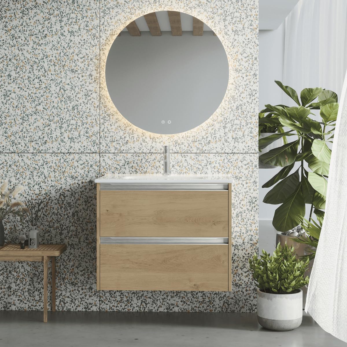 Armoire de salle de bain suspendue avec lavabo en céramique pour WC - 2 tiroirs avec poignée - 50 cm - Chêne naturel - Poignée chromée