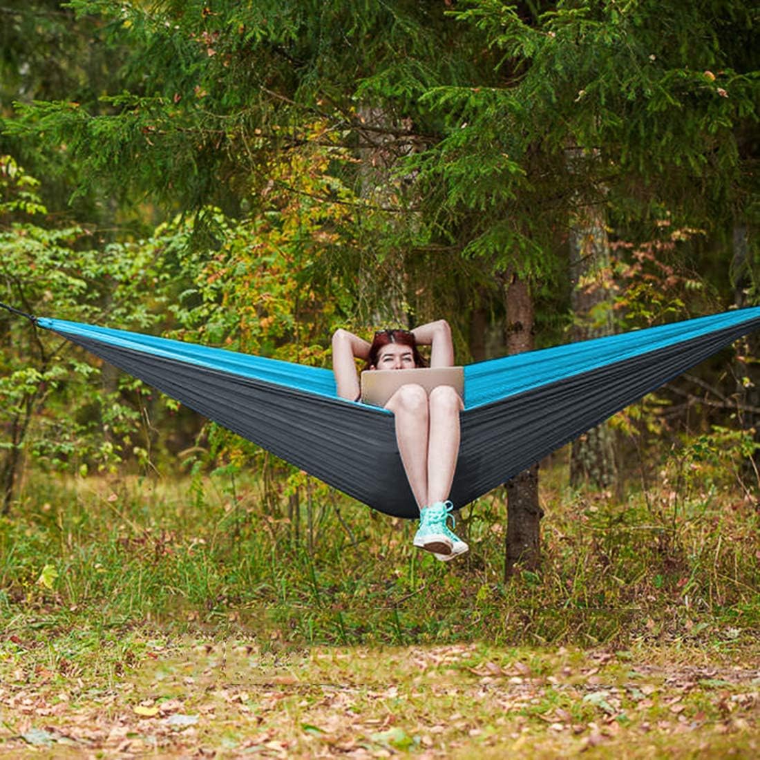 Camping Hammock Double with 2 Tree Straps Made of Portable Lightweight Nylon Parachute for Backpacking,Travel,Beach,Yard and Outdoor Survival (Grey-Blue)