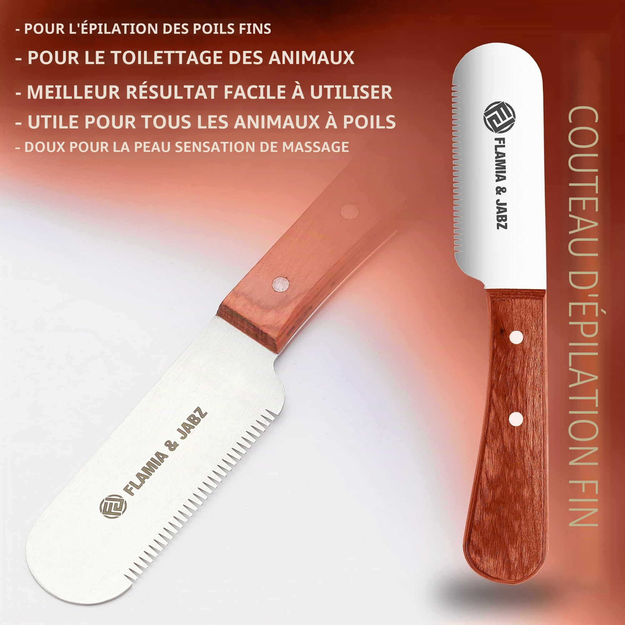 FLAMIA & JABZ Kit Professionnel de 6 Couteaux à dénuder pour Chiens et Animaux domestiques, Manche en Bois avec Lame en Acier Inoxydable (droitier) (Orange)