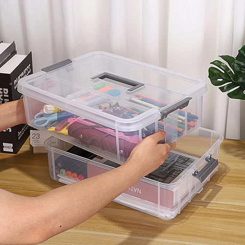 Miniatura 5 de JUXYES Caja de almacenamiento apilable de 2 niveles con asa contenedor de almacenamiento apilable transparente con tapa con asa contenedor de