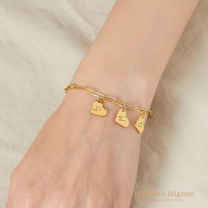 MignonandMignon Personalized Initial Engraved Letter Charm Bracelet Paper Clip Chain Jewelry Custom Heart Pendant Best Friend Birthday Day -P-BR-MH