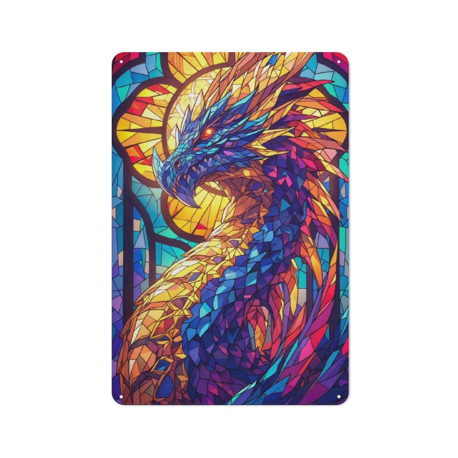 Junmoney Style-17 Metal Wall Plaque With Epic Stained Glass Dragon Design 30X20cm, Simple Retro Creative Space Decor For Office, Study, Studio Or Hallway