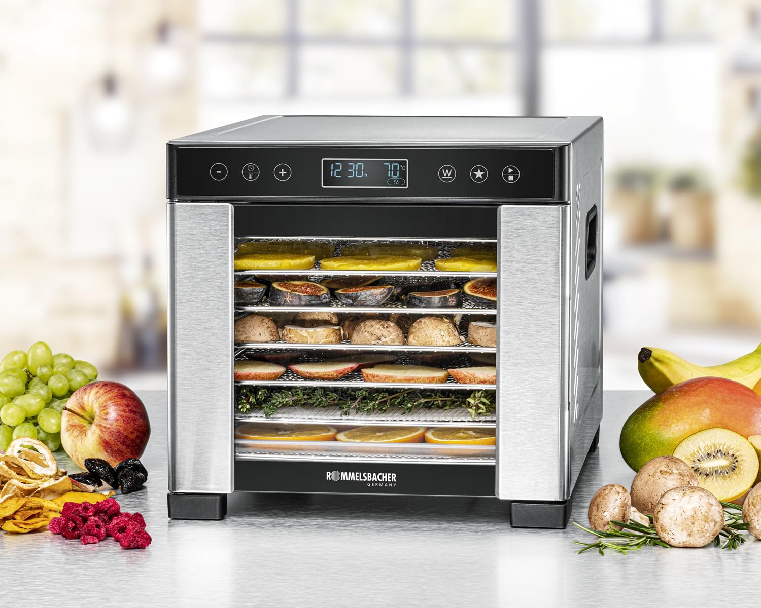 ROMMELSBACHER Essiccatore DA 650, superficie di essiccazione 0,5 m², con 7 vassoi in acciaio inox, 1 griglia di essiccazione, 1 disidratazione, display LCD, timer da 99 ore, temperatura regolabile (35