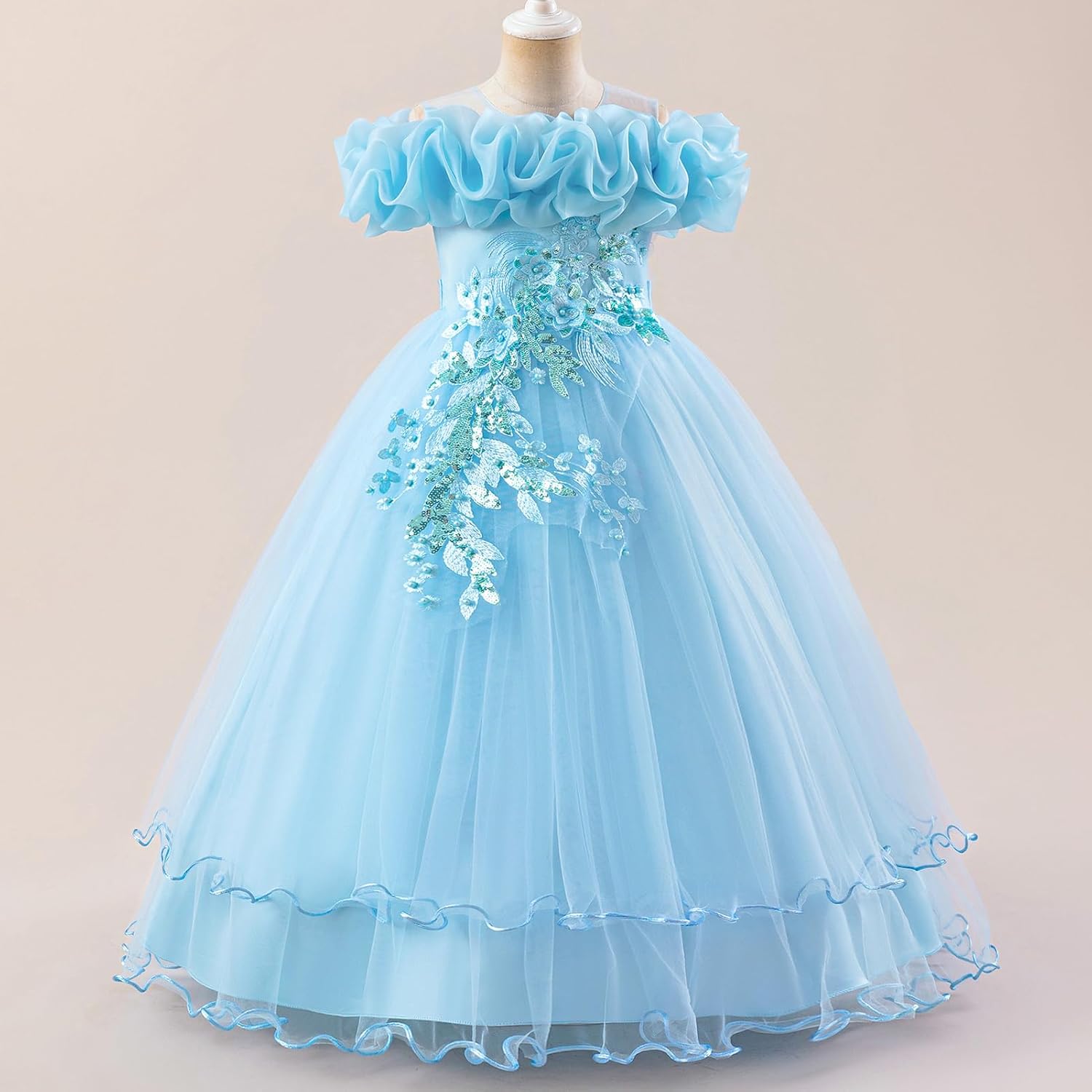 IBTOM CASTLE Flower Girl Sleeveless Sequin Floral Applique Tulle Tulle Long Dress Kids Wedding Formal Pageant Ball Gown - Image 2