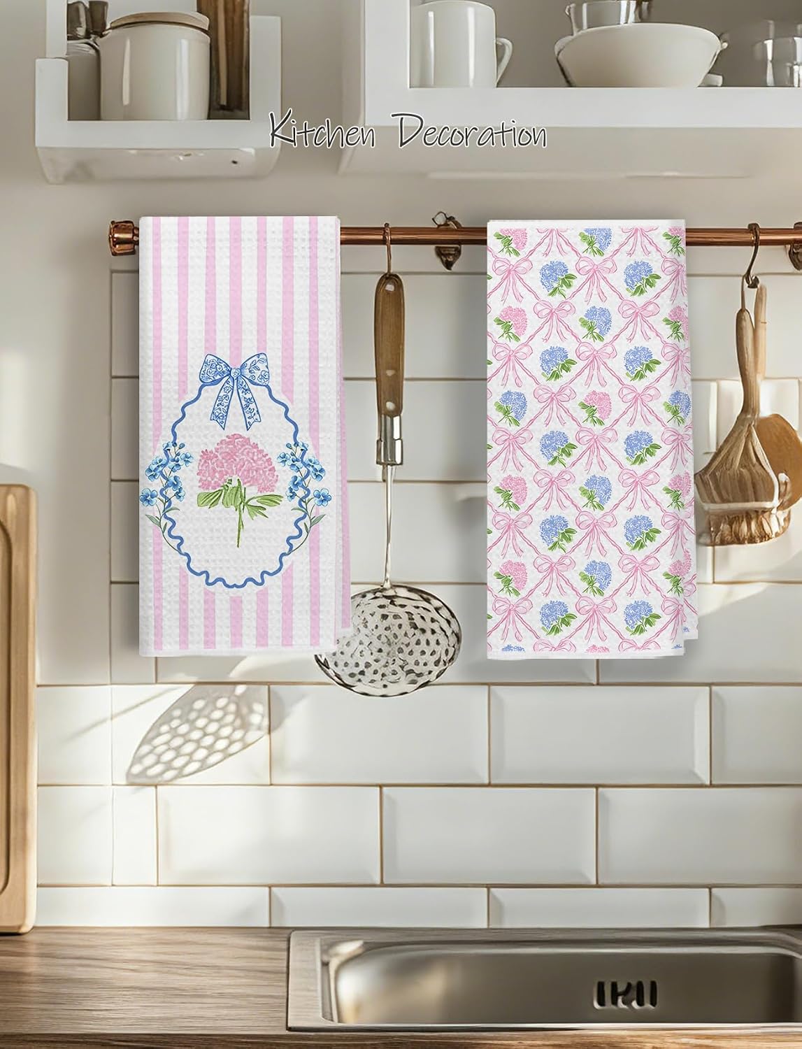 Pink and Blue Hydrangea Floral Kitchen Towels, Retro Grandmillennial Coquette Bow Hydrangea Flower Decorative Dish Hand Tea Towels for Bathroom Kitchen, 16x24 Inch Set of 2