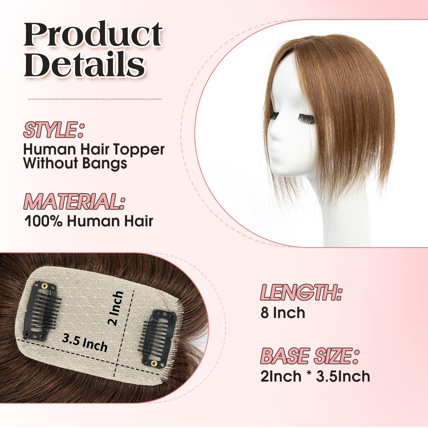 Human Hair Topper for Women, Clip in Short 8 Inch Brown Hair Topper with Real Scalp, Small Lightweight Secure Hold Topper for Thinning Hair/Receding Hairline, Seamless Blend Daily Wear